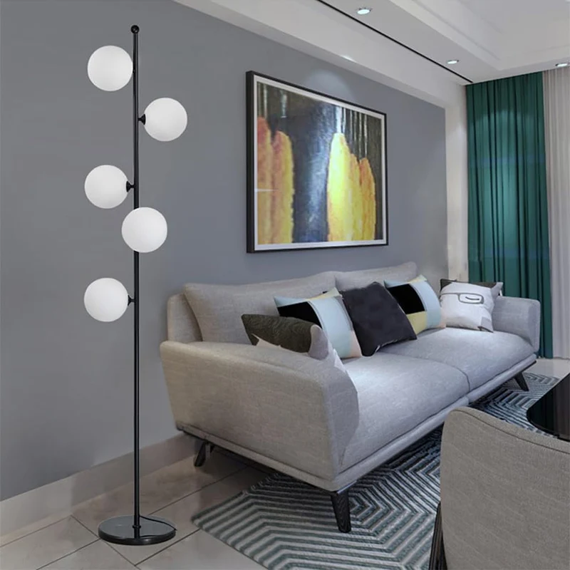 KlkrzJwy Lampadaire Mid Century 5 Lumières 66,9" Globe En Verre Lampadaire Lampe Haute En Verre Dépoli Avec Base En Marbre E26 Dimmable Lampe Sur Pied Pour Salon Bureau Chambre Canapé Coin
