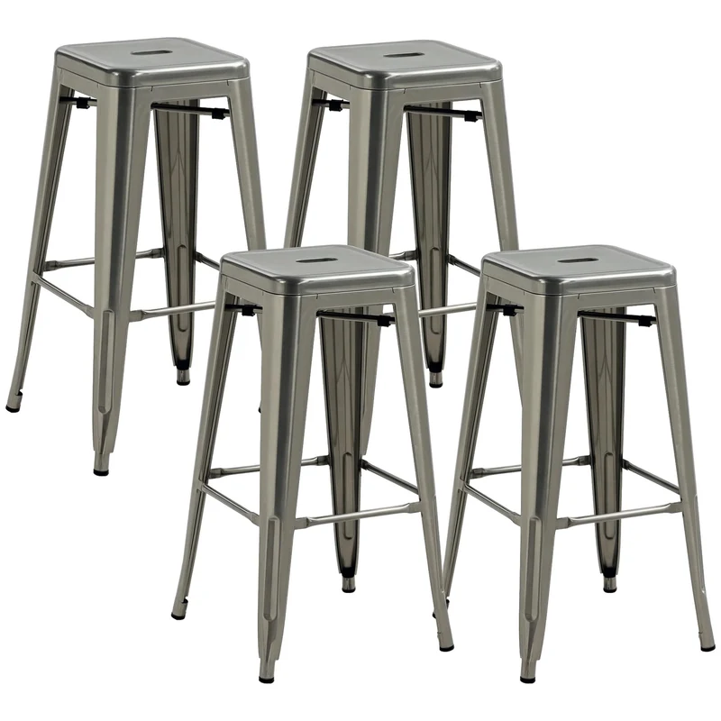 HOMCOM Lot de 4 tabourets de Bar Empilable Chaise de Bar Industriel avec Repose-Pied Hauteur d'Assise 76 cm, Cadre en métal, Style rétro, pour Salle à Manger, Balcon, bistrot ou Bar, Argent