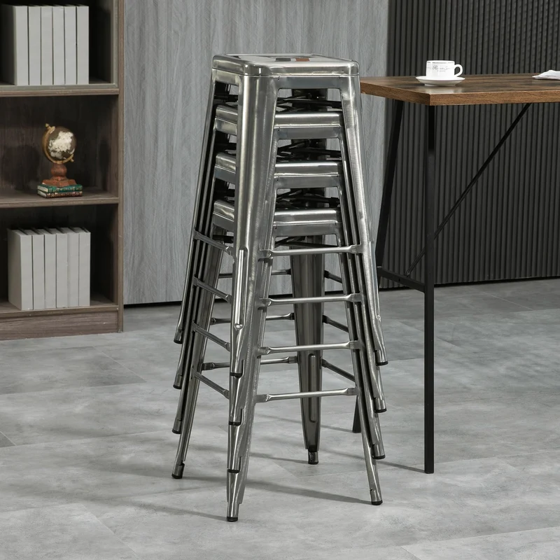 HOMCOM Lot de 4 tabourets de Bar Empilable Chaise de Bar Industriel avec Repose-Pied Hauteur d'Assise 76 cm, Cadre en métal, Style rétro, pour Salle à Manger, Balcon, bistrot ou Bar, Argent