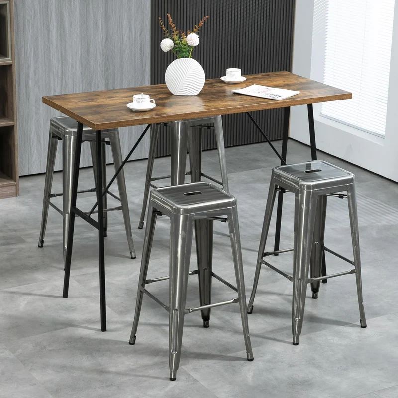 HOMCOM Lot de 4 tabourets de Bar Empilable Chaise de Bar Industriel avec Repose-Pied Hauteur d'Assise 76 cm, Cadre en métal, Style rétro, pour Salle à Manger, Balcon, bistrot ou Bar, Argent