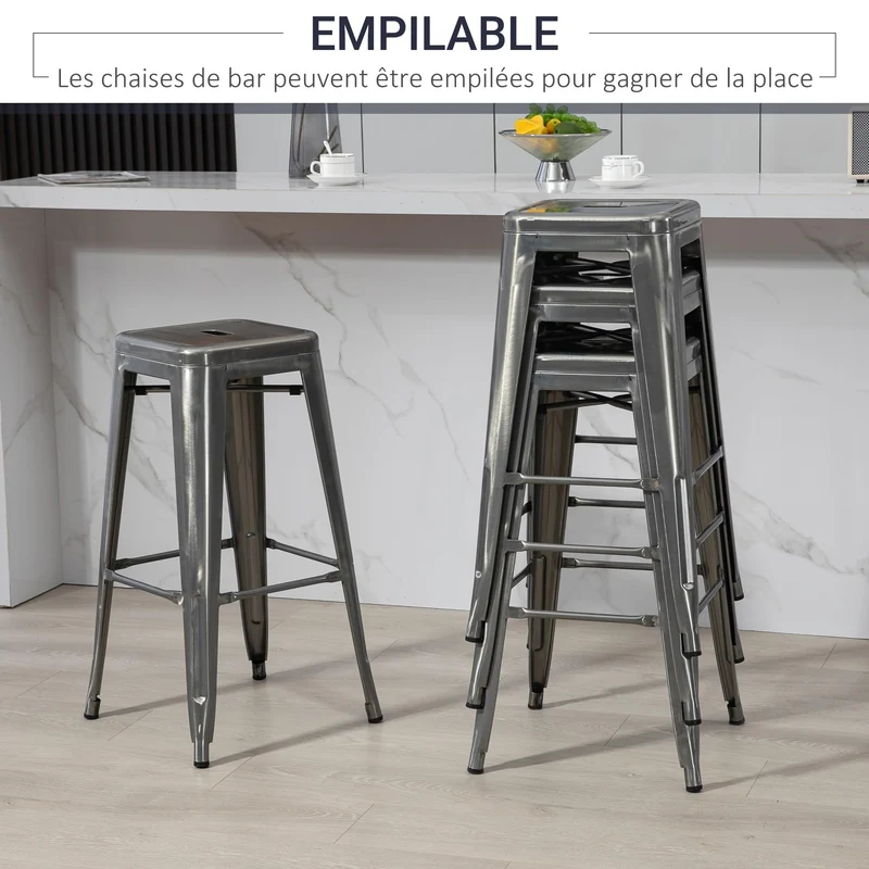 HOMCOM Lot de 4 tabourets de Bar Empilable Chaise de Bar Industriel avec Repose-Pied Hauteur d'Assise 76 cm, Cadre en métal, Style rétro, pour Salle à Manger, Balcon, bistrot ou Bar, Argent