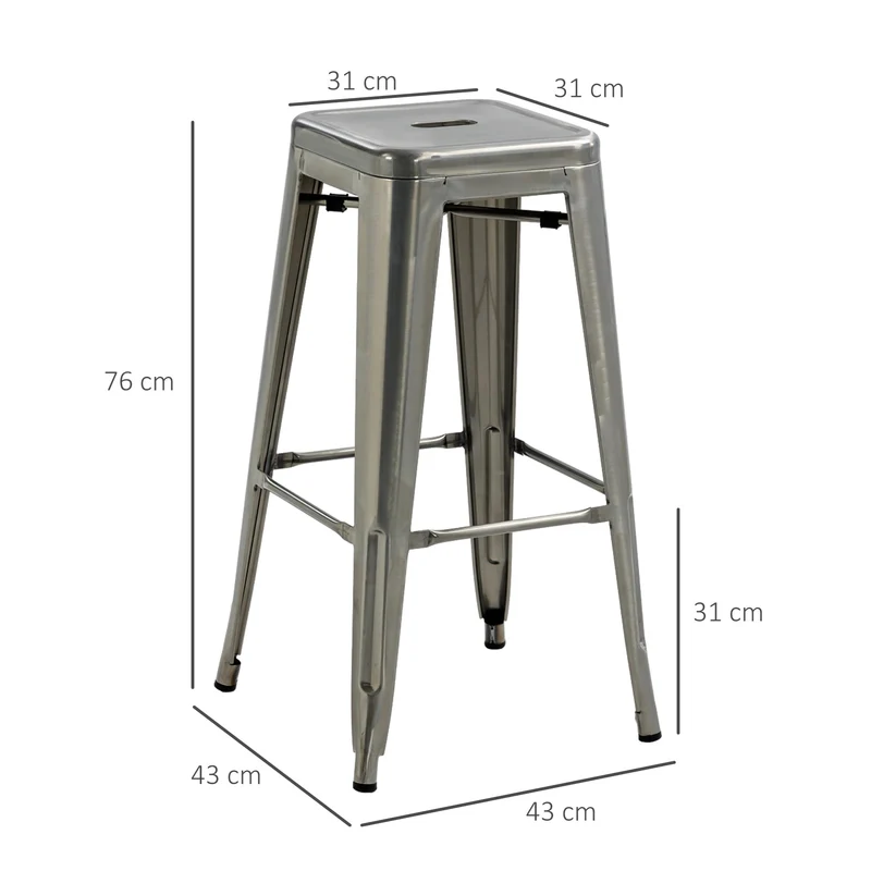 HOMCOM Lot de 4 tabourets de Bar Empilable Chaise de Bar Industriel avec Repose-Pied Hauteur d'Assise 76 cm, Cadre en métal, Style rétro, pour Salle à Manger, Balcon, bistrot ou Bar, Argent