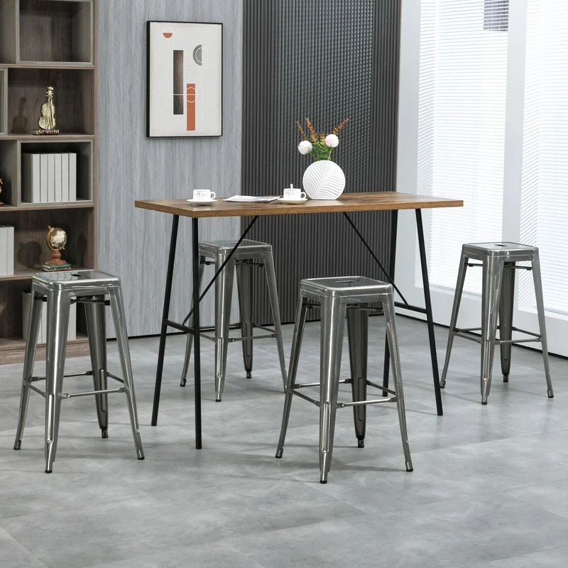 HOMCOM Lot de 4 tabourets de Bar Empilable Chaise de Bar Industriel avec Repose-Pied Hauteur d'Assise 76 cm, Cadre en métal, Style rétro, pour Salle à Manger, Balcon, bistrot ou Bar, Argent