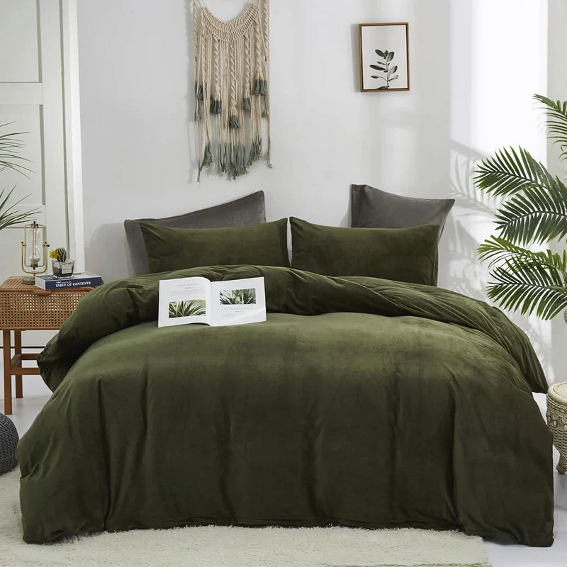 Cottonight Parure de lit 3 pièces en velours vert militaire – Literie pelucheuse vert olive – Couverture verte foncé, moderne d'hiver chaude pour homme et femme