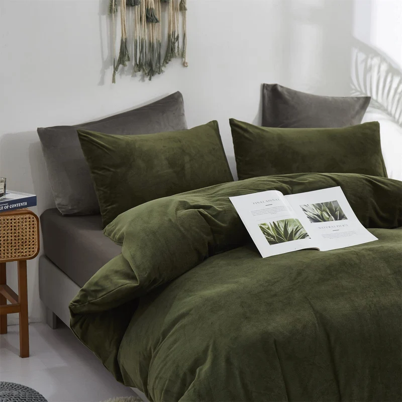 Cottonight Parure de lit 3 pièces en velours vert militaire – Literie pelucheuse vert olive – Couverture verte foncé, moderne d'hiver chaude pour homme et femme