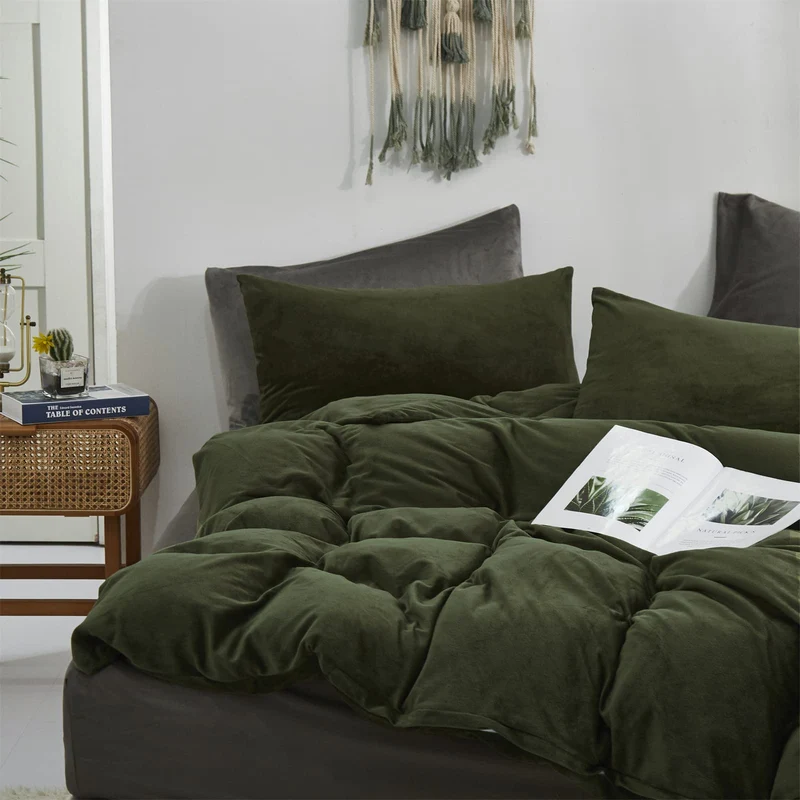 Cottonight Parure de lit 3 pièces en velours vert militaire – Literie pelucheuse vert olive – Couverture verte foncé, moderne d'hiver chaude pour homme et femme
