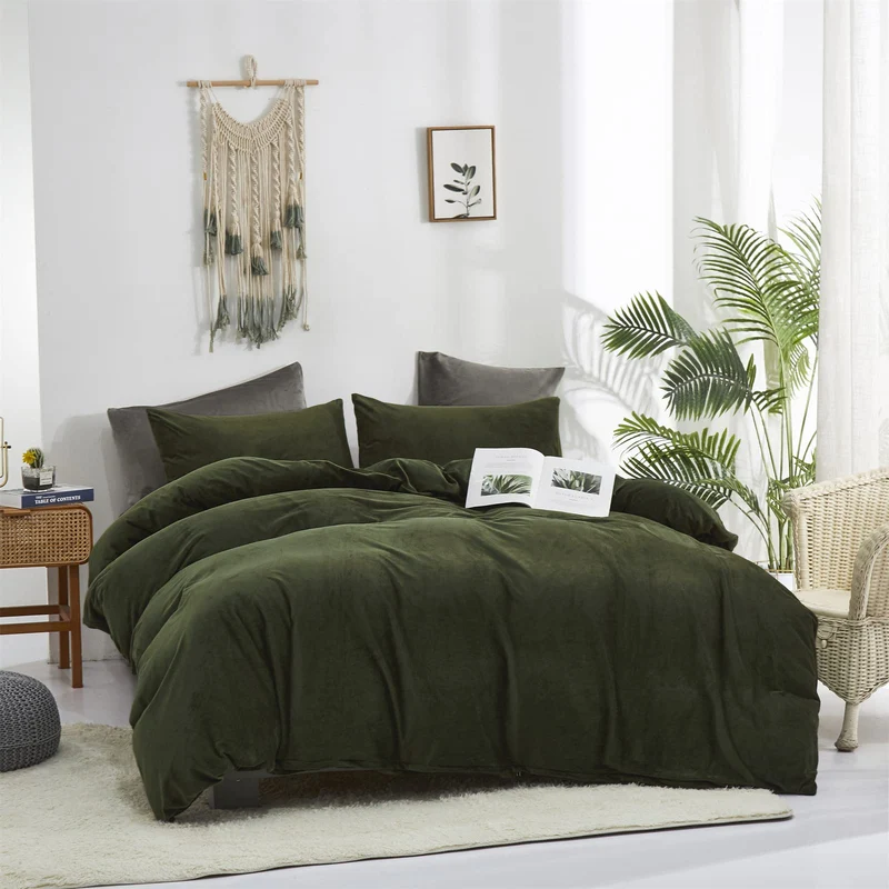 Cottonight Parure de lit 3 pièces en velours vert militaire – Literie pelucheuse vert olive – Couverture verte foncé, moderne d'hiver chaude pour homme et femme