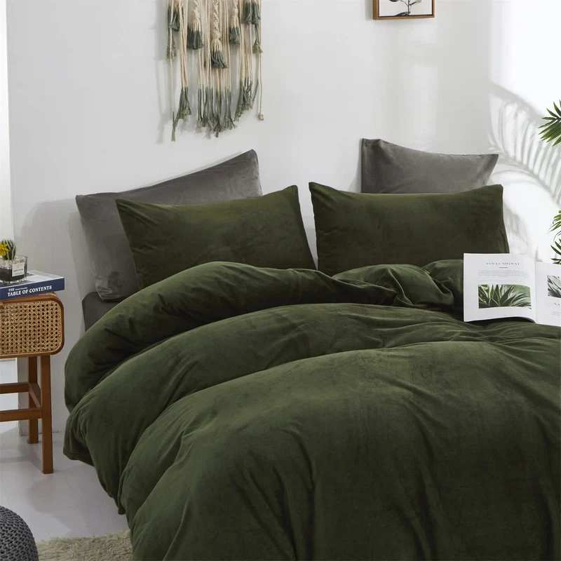 Cottonight Parure de lit 3 pièces en velours vert militaire – Literie pelucheuse vert olive – Couverture verte foncé, moderne d'hiver chaude pour homme et femme