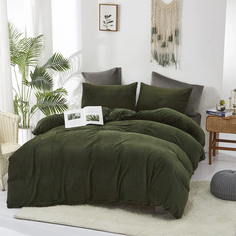 Cottonight Parure de lit 3 pièces en velours vert militaire – Literie pelucheuse vert olive – Couverture verte foncé, moderne d'hiver chaude pour homme et femme