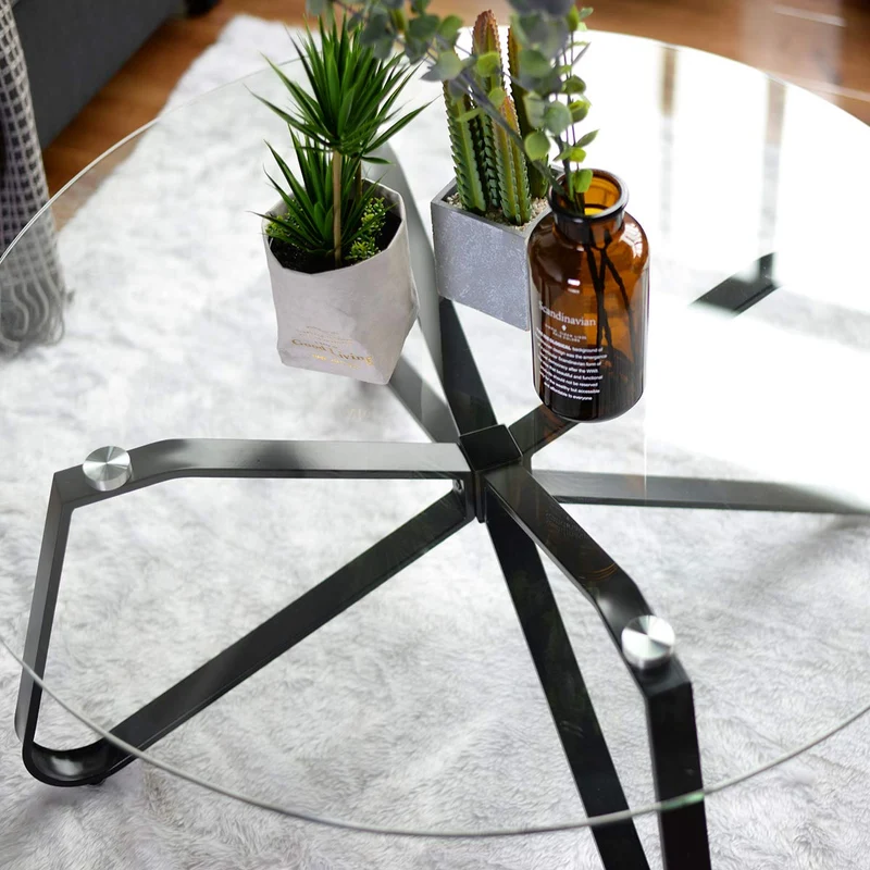 FurnitureR Table Basse, Table de Salon, Table Basse en Verre, Table Basse Ronde, Table Basse pour canapé, Chambre à Coucher, Structure en métal Solide, Noir + Transparent, 80 × 80 × 40 cm