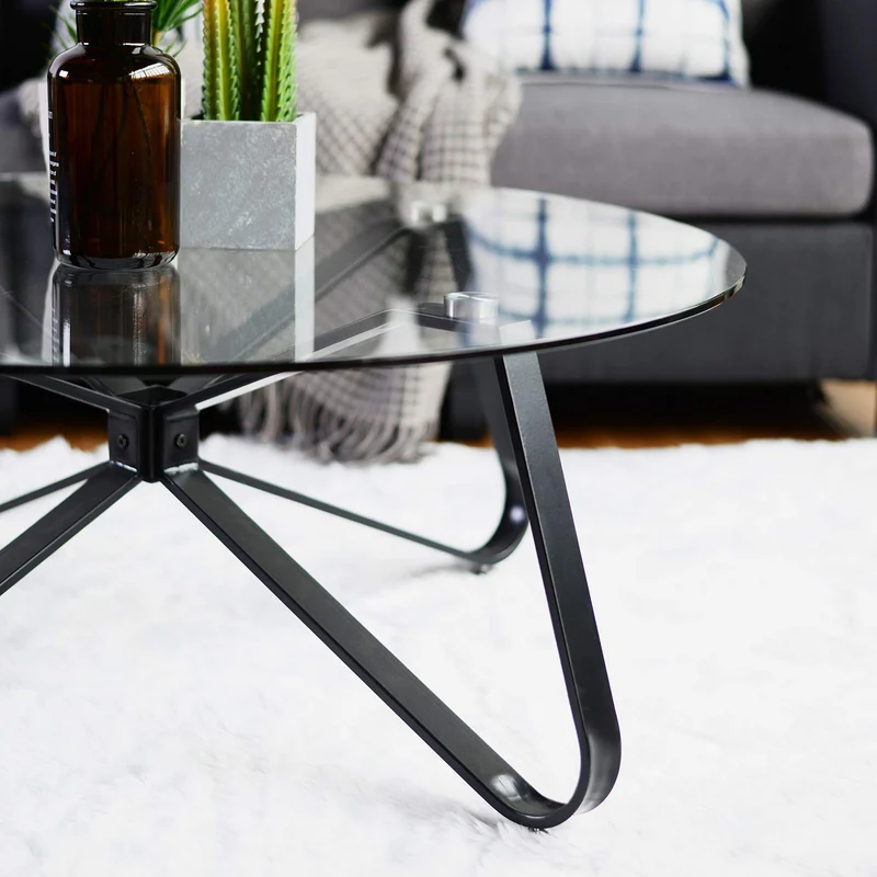 FurnitureR Table Basse, Table de Salon, Table Basse en Verre, Table Basse Ronde, Table Basse pour canapé, Chambre à Coucher, Structure en métal Solide, Noir + Transparent, 80 × 80 × 40 cm