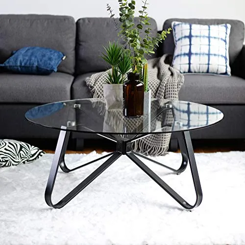 FurnitureR Table Basse, Table de Salon, Table Basse en Verre, Table Basse Ronde, Table Basse pour canapé, Chambre à Coucher, Structure en métal Solide, Noir + Transparent, 80 × 80 × 40 cm