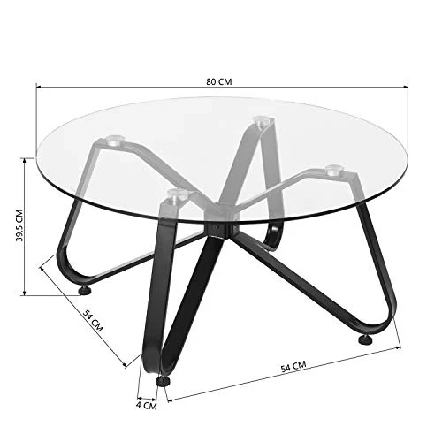 FurnitureR Table Basse, Table de Salon, Table Basse en Verre, Table Basse Ronde, Table Basse pour canapé, Chambre à Coucher, Structure en métal Solide, Noir + Transparent, 80 × 80 × 40 cm