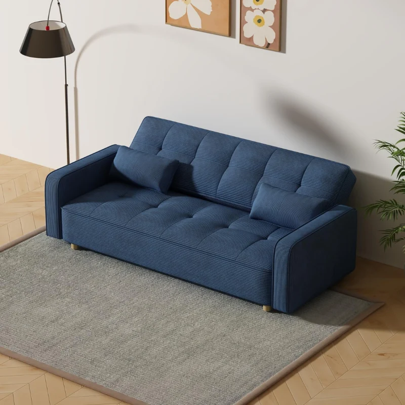 CONCEPT USINE | Canapé Scandinave Convertible 3 Places Velours Côtelé | COPENHAGUE Bleu | Canapé Droit Modulable Moderne avec Accoudoirs + 2 Coussins | Dossier & Assise Déhoussables | Largeur 213 cm