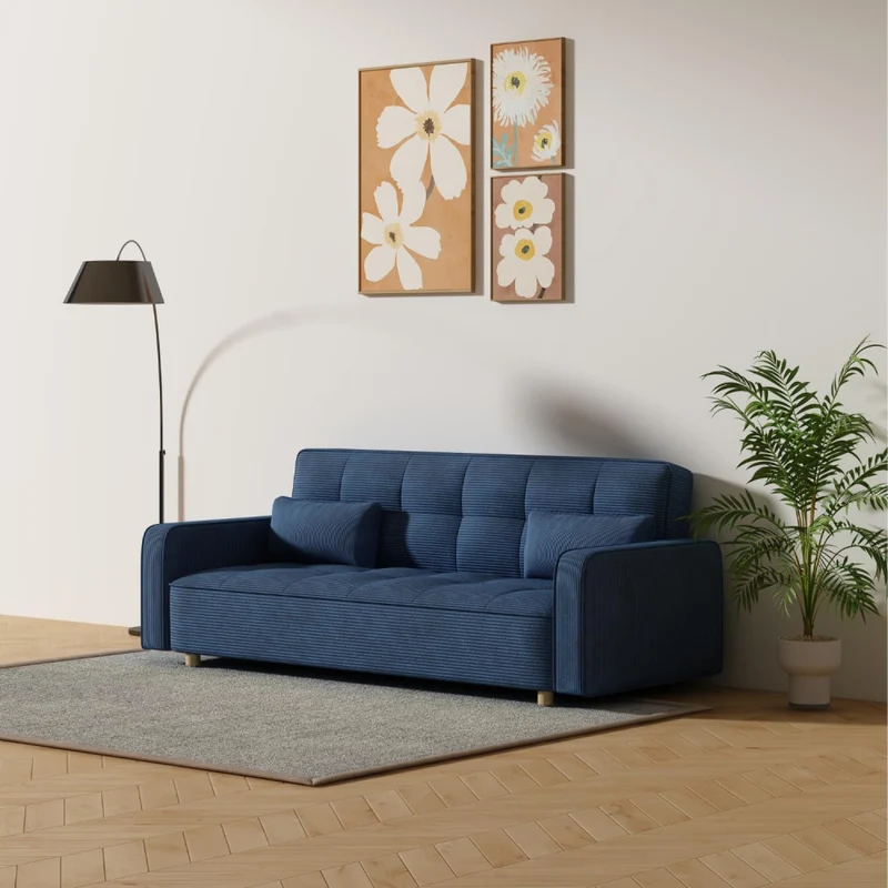 CONCEPT USINE | Canapé Scandinave Convertible 3 Places Velours Côtelé | COPENHAGUE Bleu | Canapé Droit Modulable Moderne avec Accoudoirs + 2 Coussins | Dossier & Assise Déhoussables | Largeur 213 cm