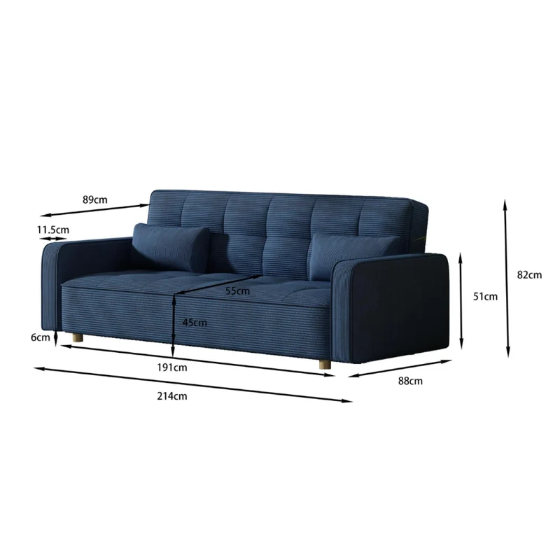 CONCEPT USINE | Canapé Scandinave Convertible 3 Places Velours Côtelé | COPENHAGUE Bleu | Canapé Droit Modulable Moderne avec Accoudoirs + 2 Coussins | Dossier & Assise Déhoussables | Largeur 213 cm