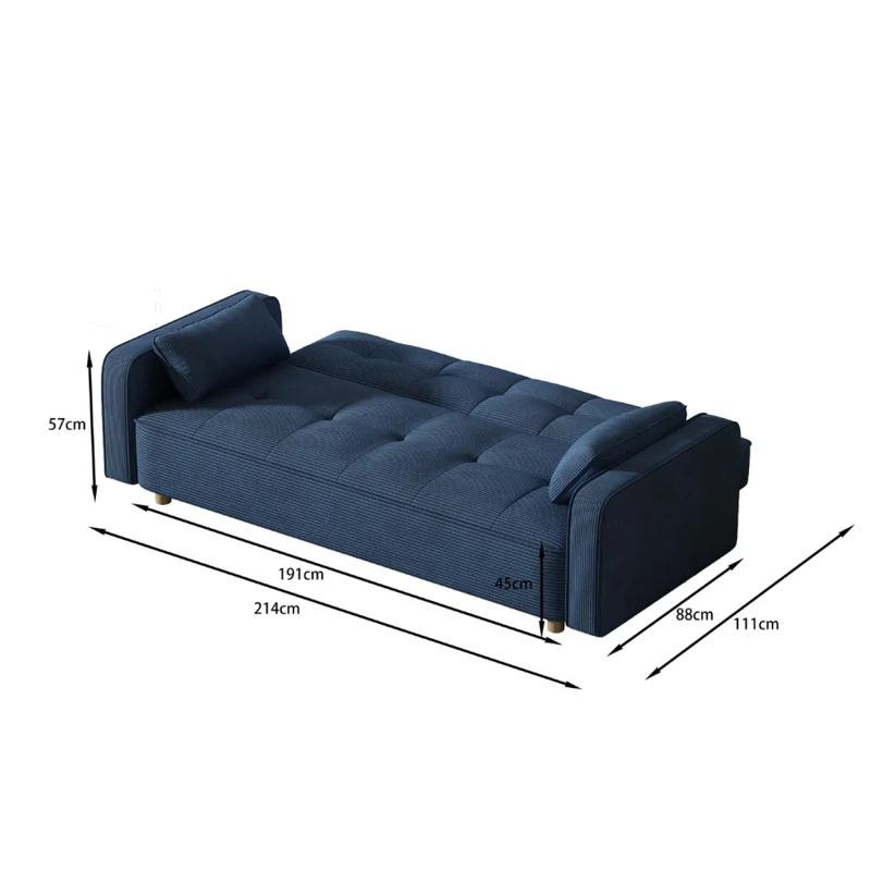 CONCEPT USINE | Canapé Scandinave Convertible 3 Places Velours Côtelé | COPENHAGUE Bleu | Canapé Droit Modulable Moderne avec Accoudoirs + 2 Coussins | Dossier & Assise Déhoussables | Largeur 213 cm