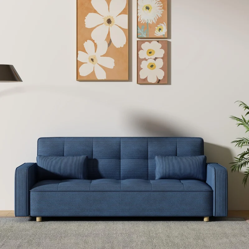 CONCEPT USINE | Canapé Scandinave Convertible 3 Places Velours Côtelé | COPENHAGUE Bleu | Canapé Droit Modulable Moderne avec Accoudoirs + 2 Coussins | Dossier & Assise Déhoussables | Largeur 213 cm