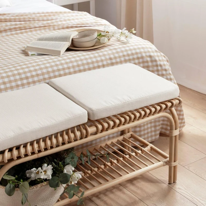 KLAST Banc en Rotin Naturel Kina avec Coussins Déhoussables, Idéale comme Pied de Lit ou Banc, Fabriquée à la Main avec Variations de Couleur
