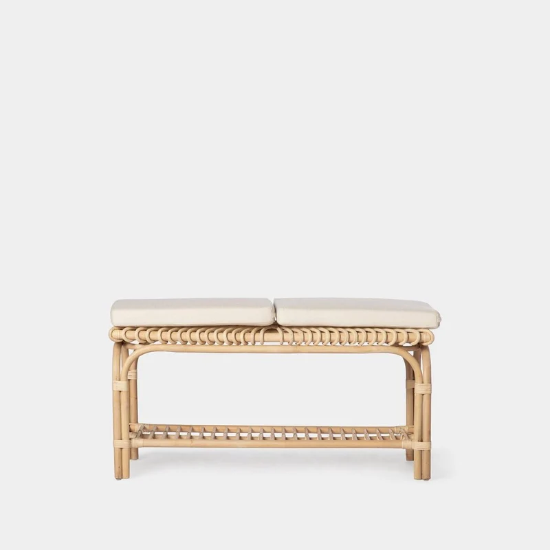 KLAST Banc en Rotin Naturel Kina avec Coussins Déhoussables, Idéale comme Pied de Lit ou Banc, Fabriquée à la Main avec Variations de Couleur