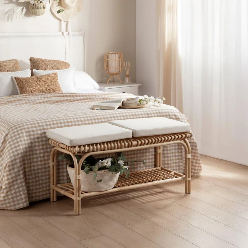 KLAST Banc en Rotin Naturel Kina avec Coussins Déhoussables, Idéale comme Pied de Lit ou Banc, Fabriquée à la Main avec Variations de Couleur