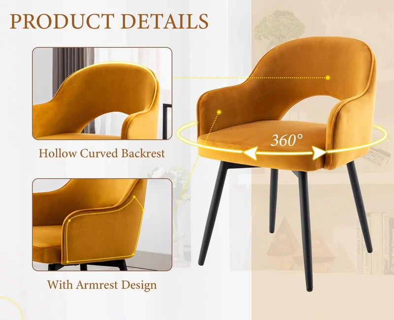 chairus Lot de 2 Chaises de Salle à Manger en Velours Moderne Fauteuil Rembourrée Chaise Pivotante à 360° pour Bureau Salon (Jaune-2 (Velours))