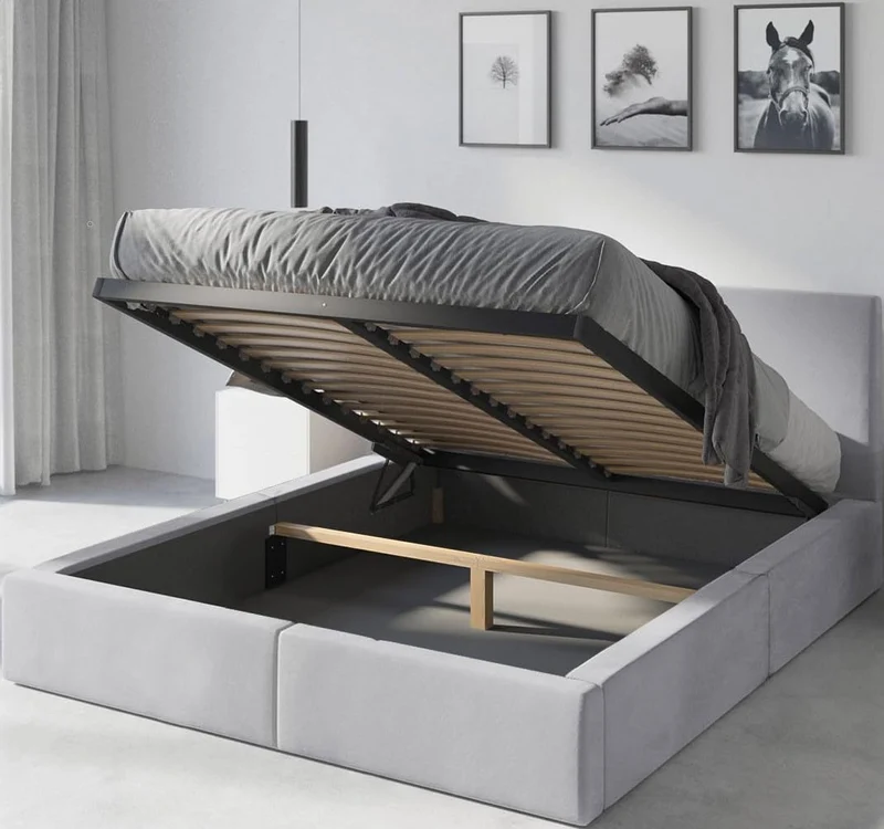 Interbeds Lit rembourré Double avec Coffre sommier Cadre de lit tapissé (Gris, 160x200)