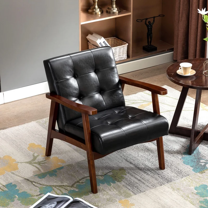 Fauteuil vintage en cuir avec structure en bois et design touffeté rétro pour salon, chambre à coucher et salle de réception Noir