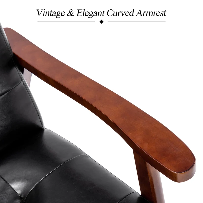 Fauteuil vintage en cuir avec structure en bois et design touffeté rétro pour salon, chambre à coucher et salle de réception Noir