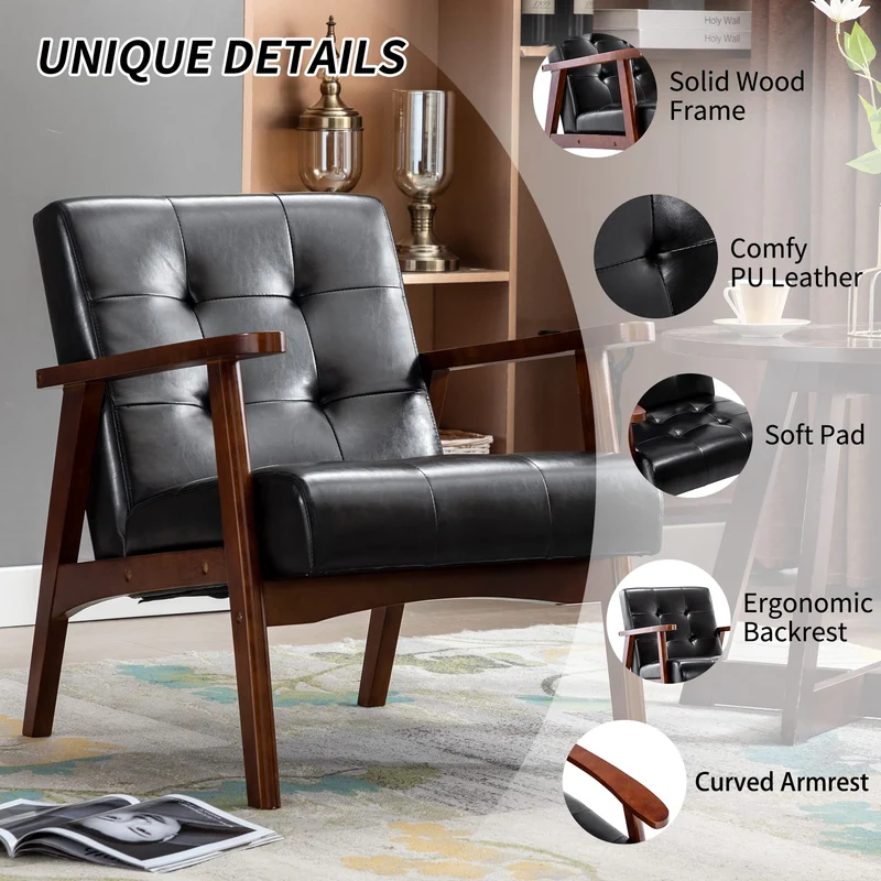 Fauteuil vintage en cuir avec structure en bois et design touffeté rétro pour salon, chambre à coucher et salle de réception Noir