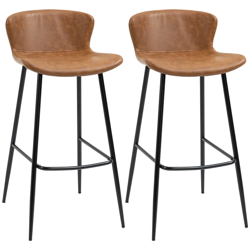 HOMCOM Lot de 2 tabourets de Bar Assise en Similicuir Hauteur 76 cm avec Repose-Pieds en Acier et Dossier Design Vintage - Marron