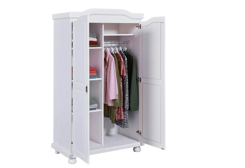 Inter Link – Armoire fonctionnelle – 2 portes – 5 niches – Avec penderie – Armoire en pin massif – Blanc vernis – Largeur :104cm Profondeur :56cm Hauteur : 180cm – Hedda