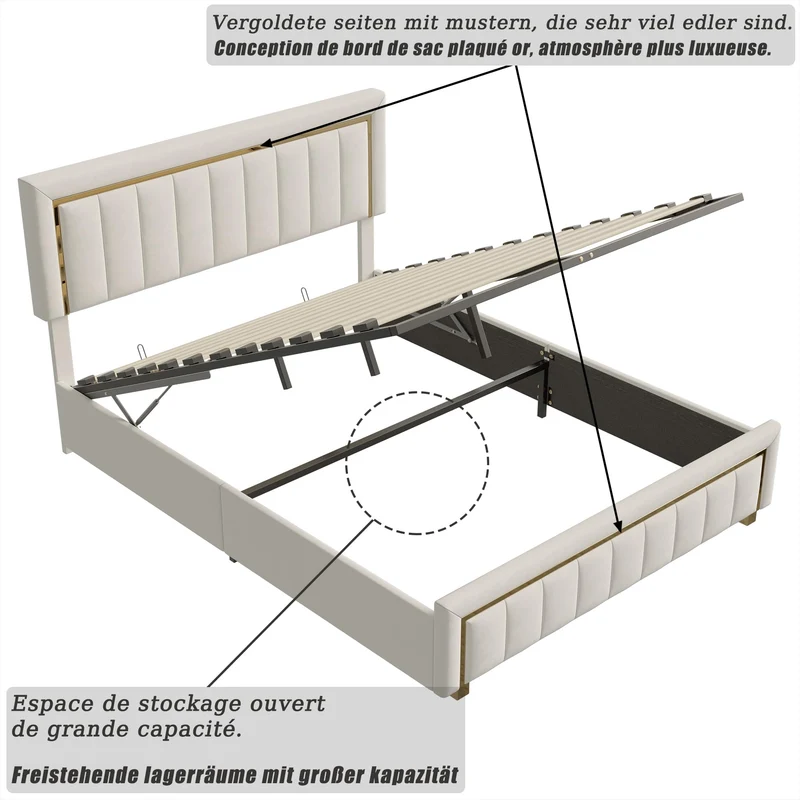 NMCXO Lit Double 160x200,Lit Coffre 160x200 avec Sommier à Lattes,Lits Hydraulique avec Rangement, Lits Moderne pour Adultes 2 Personnes,Tête de lit en Bords dorés,Blanc Cassé