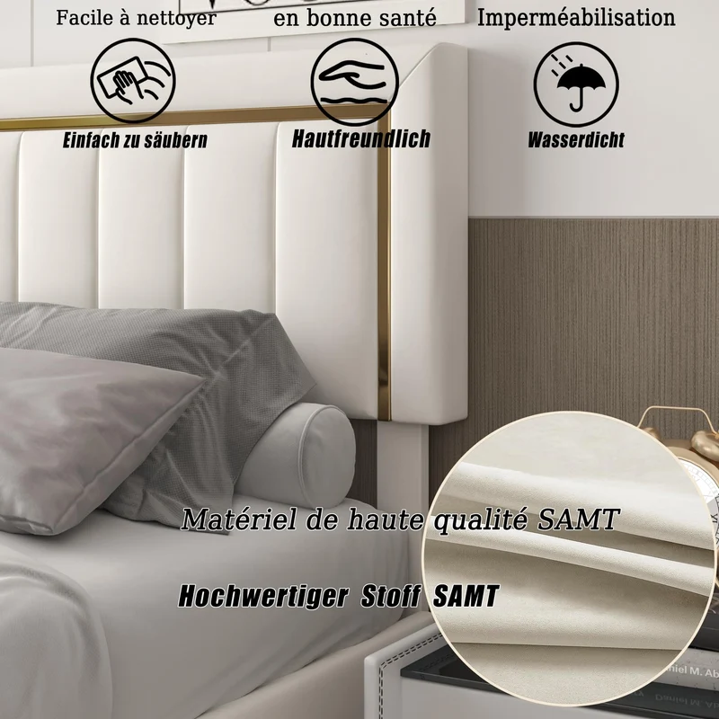 NMCXO Lit Double 160x200,Lit Coffre 160x200 avec Sommier à Lattes,Lits Hydraulique avec Rangement, Lits Moderne pour Adultes 2 Personnes,Tête de lit en Bords dorés,Blanc Cassé