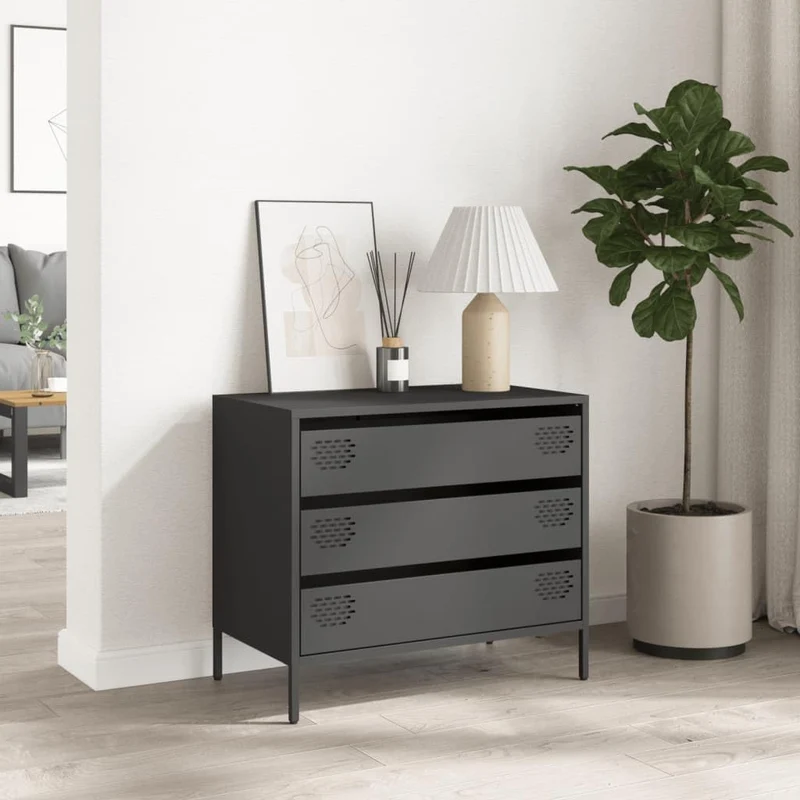 Makastle Buffet Métal, Style Industriel, Armoire de Rangement à 3 tiroirs, Commode, Meuble de Salon, Noir 68x39x58,5 cm Acier laminé à Froid
