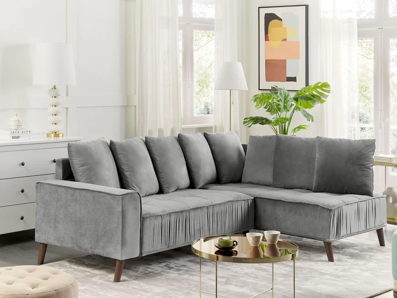 Canapé Moderne en Velours Gris d'Angle Gauche Pieds en Bois d'Eucalyptus Grena