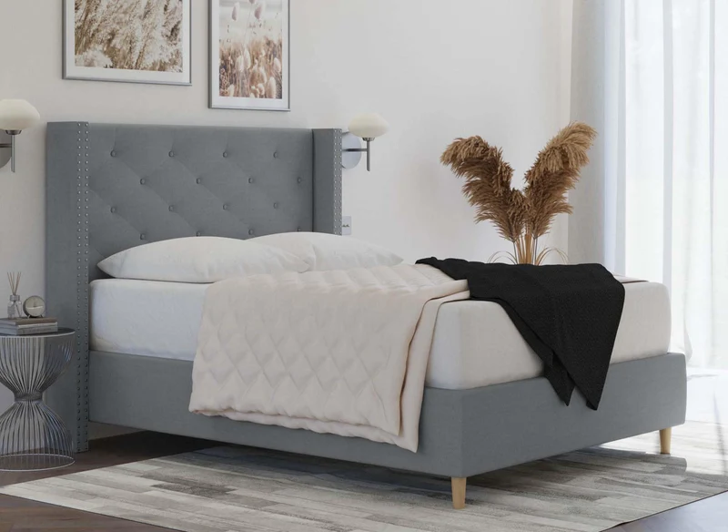 DecoInParis Lit Double en Tissu capitonné Margot (Gris, 180_x_200_cm)