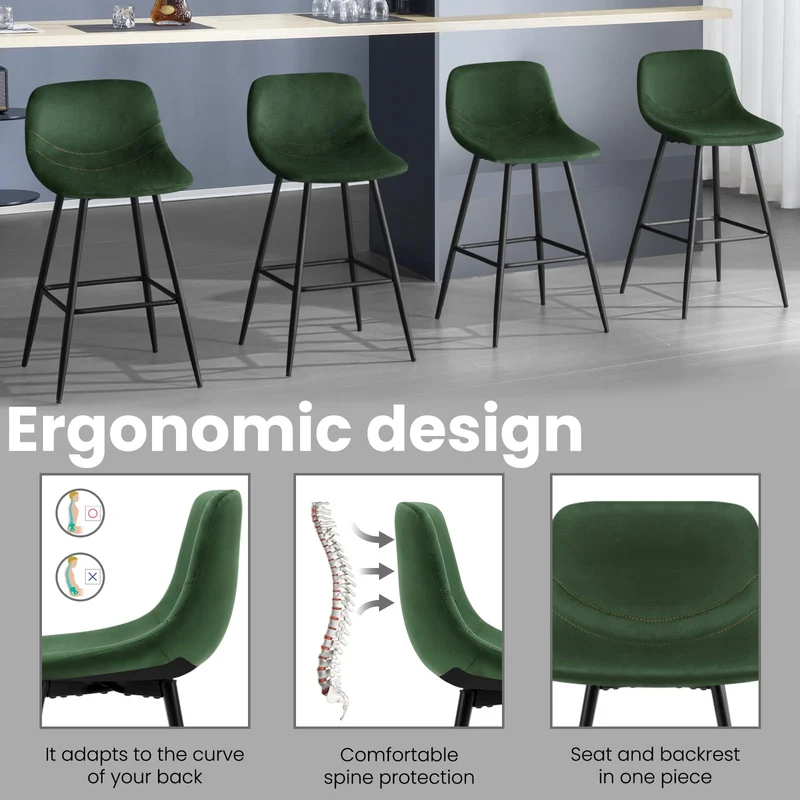 EUGAD Tabouret Bar, Lot de 2, Chaise Haute Cuisine, en Velours, Siège Rembourré, avec Dossier et Repose-Pieds, Pieds en Métal, Vert foncé, 1089BY-2
