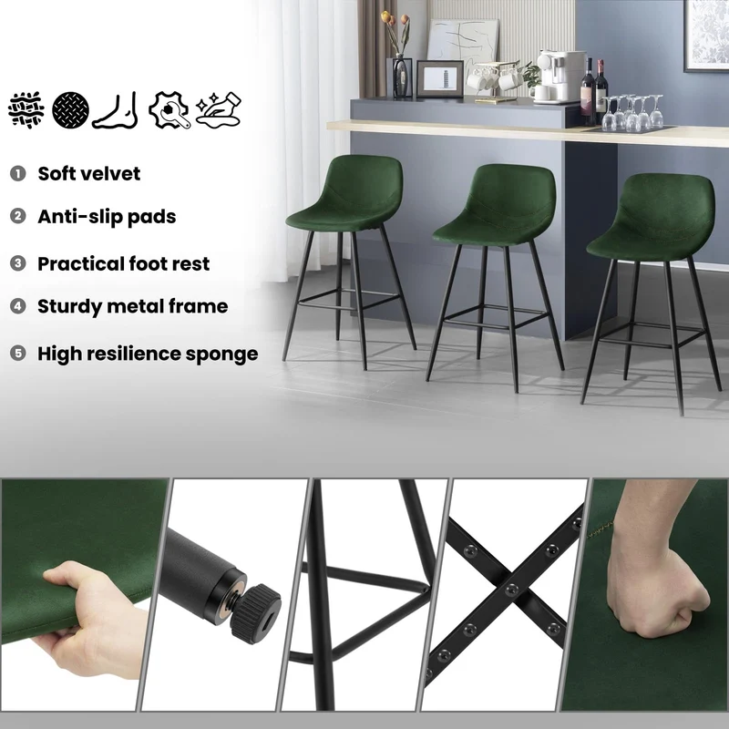 EUGAD Tabouret Bar, Lot de 2, Chaise Haute Cuisine, en Velours, Siège Rembourré, avec Dossier et Repose-Pieds, Pieds en Métal, Vert foncé, 1089BY-2