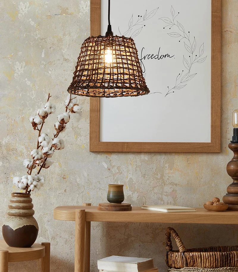 Luminaire Delhi, suspension rotin, 60 W, marron, ø29 x H25 cm