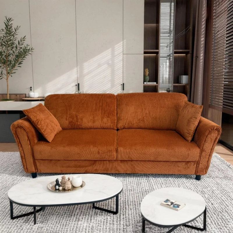 CONCEPT USINE | Canapé Droit 4 Places Lucerne Terracotta | Velours Côtelé Doux | Confort Ferme | Design Arrondi et Moderne | Structure Bois | 2 Coussins Inclus | 212 cm de Longueur