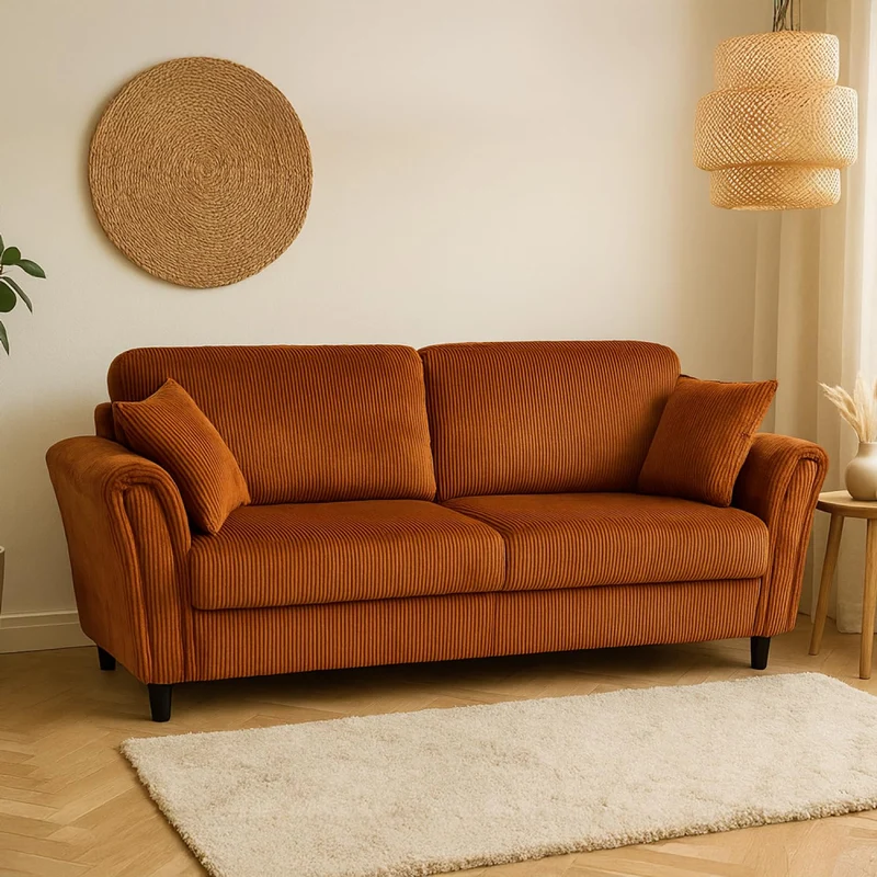 CONCEPT USINE | Canapé Droit 4 Places Lucerne Terracotta | Velours Côtelé Doux | Confort Ferme | Design Arrondi et Moderne | Structure Bois | 2 Coussins Inclus | 212 cm de Longueur