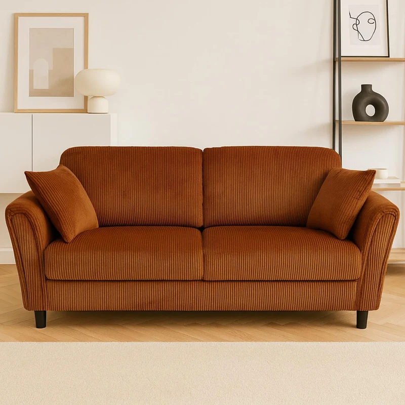 CONCEPT USINE | Canapé Droit 4 Places Lucerne Terracotta | Velours Côtelé Doux | Confort Ferme | Design Arrondi et Moderne | Structure Bois | 2 Coussins Inclus | 212 cm de Longueur