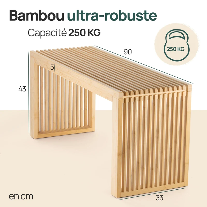 Banc en Bambou – Meuble d'entrée ou Salle de Bain 90x33x43 cm, supporte Jusqu’à 250 kg – Banc Pratique et Décoratif pour Rangement, Meuble Salon ou Salle de Bain