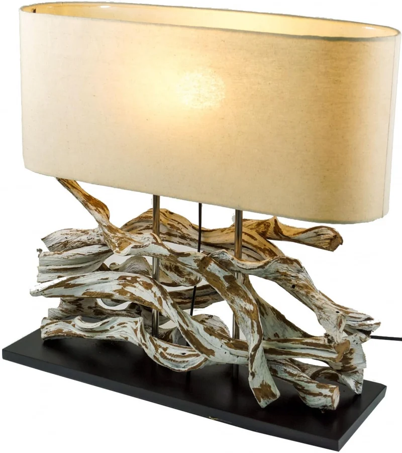Guru-Shop Lampe de Table Marimbula, Fait Main Unique à Partir de Matériaux Naturels, Bois, Coton, 46x50x16 cm, Natureelights, Lampes de Table en Matériau Naturel