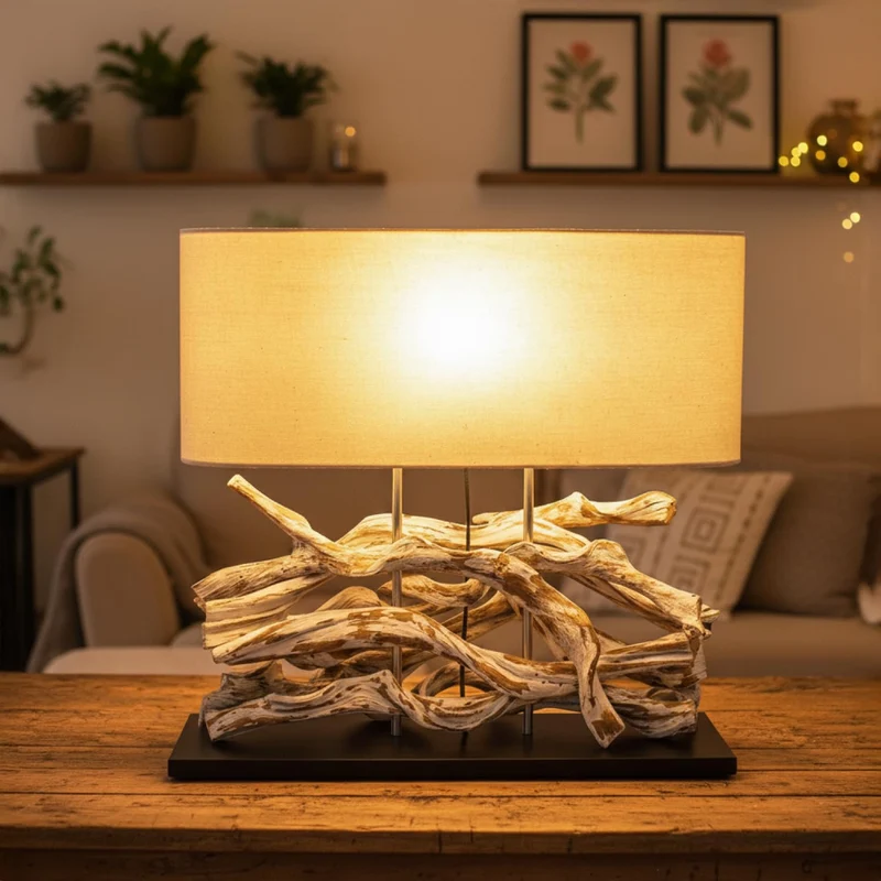 Guru-Shop Lampe de Table Marimbula, Fait Main Unique à Partir de Matériaux Naturels, Bois, Coton, 46x50x16 cm, Natureelights, Lampes de Table en Matériau Naturel