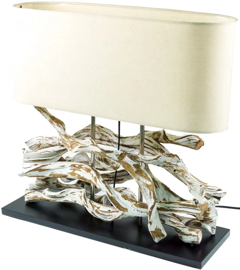 Guru-Shop Lampe de Table Marimbula, Fait Main Unique à Partir de Matériaux Naturels, Bois, Coton, 46x50x16 cm, Natureelights, Lampes de Table en Matériau Naturel