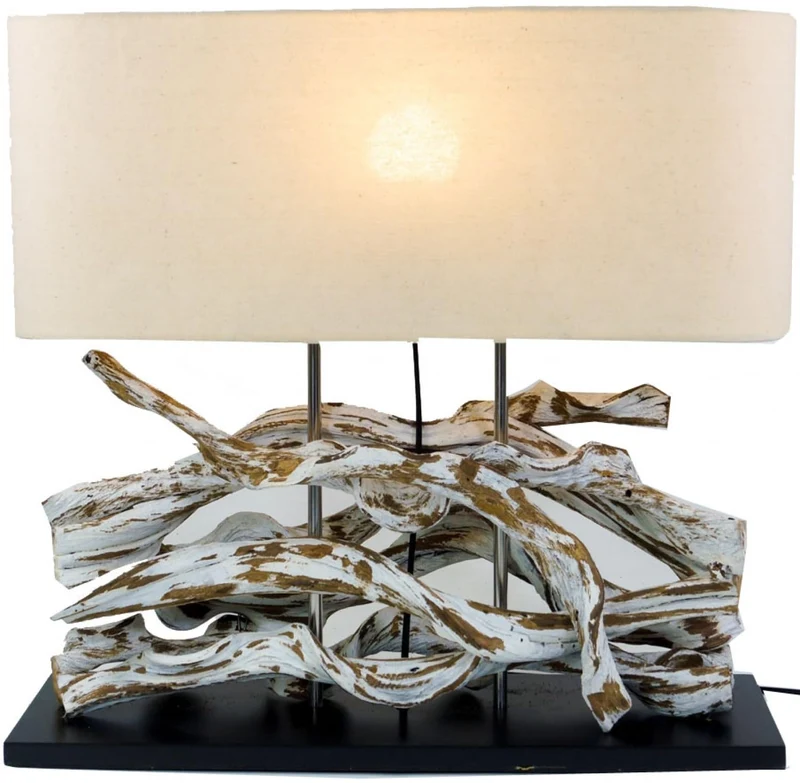 Guru-Shop Lampe de Table Marimbula, Fait Main Unique à Partir de Matériaux Naturels, Bois, Coton, 46x50x16 cm, Natureelights, Lampes de Table en Matériau Naturel