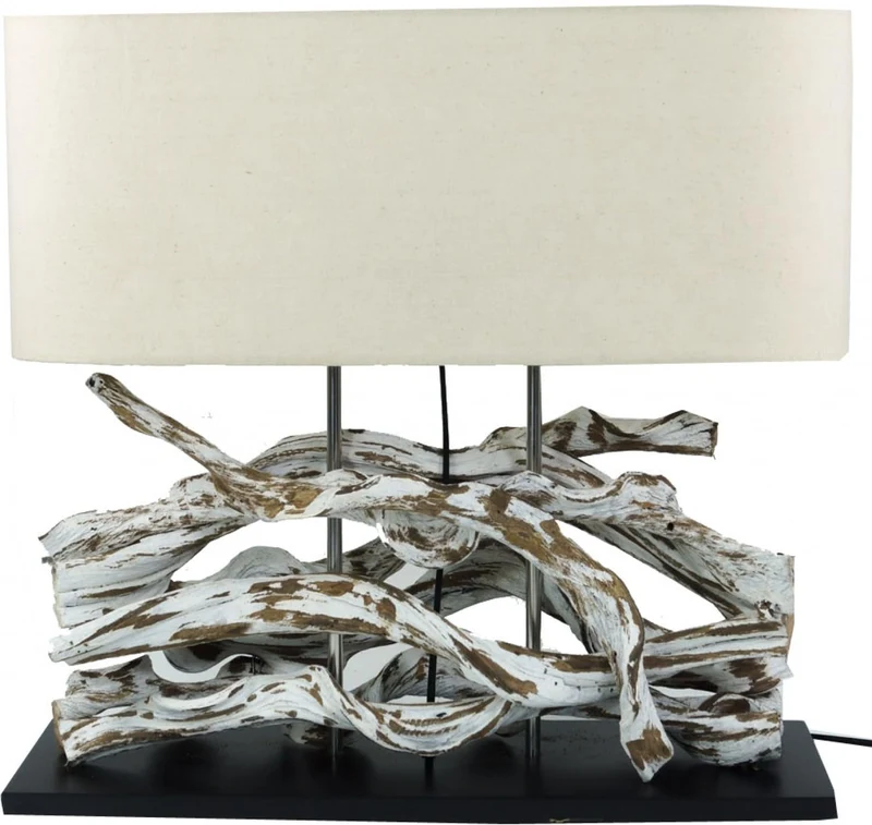 Guru-Shop Lampe de Table Marimbula, Fait Main Unique à Partir de Matériaux Naturels, Bois, Coton, 46x50x16 cm, Natureelights, Lampes de Table en Matériau Naturel