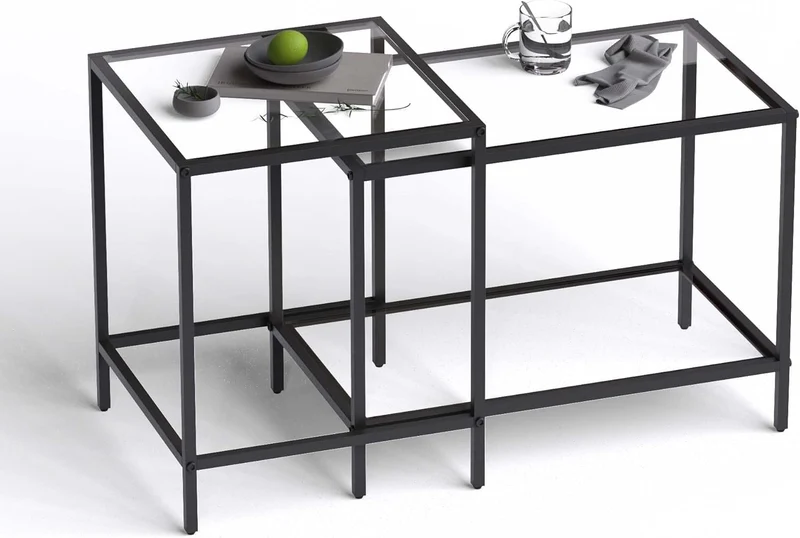 Lot de 2 tables basses carrées modernes en verre - Petite table d'appoint - Table basse pour salon, chambre à coucher, bureau - 60/40 cm - Noir
